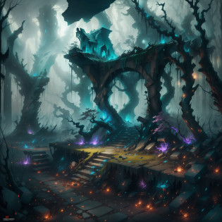 Amid a desolate and gloomy landscape lies a place that seems to have been consumed by chaos. Highlights include the ruins of an ancient structure, now in rubble and covered in moss. The shadows that hang over the place are intense and oppressive, creating an atmosphere of despair and loneliness.

From the top of the wreckage, blue shadows of a phoenix, a mythological creature known for its rebirth through fire, emerge. These shadows dance in the air, emitting a faint light, like burning embers, as they move in chaotic patterns. The blue glow that emanates from them is a reminder of the splendor and majesty that this mythical being used to represent, now distorted by the dark context.

All around, gnarled, lifeless trees stretch out, with branches that look like claws ready to grab any being that ventures by. The wind whispers sadly between the logs, creating a sinister and lurid melody. The sky is shrouded with heavy black clouds, as if the sun and hope had been banished from this place.

This destroyed environment is a symbolic reflection of the chaos and ruin that has plagued this once-thriving place. The presence of the blue phoenix shadows underscores the idea of a distorted rebirth, of an eternal cycle of destruction and despair. It is a place where hope is only a distant memory, and the predominant feeling is that of abandonment and desolation.