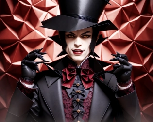 (origami style:1. 2), parted lips, fangs, male vampire, leather apron, lace gloves, diabolic eyes, Caesar Cut, tuxedo, intricate, ornamented, top hat, the most fantastic details, masterpiece, 16k, UHD, HDR, cinematic composition, dark cellar, blood, surrealistic, ethereal, pale, lank
