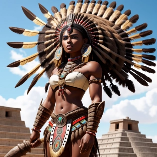 a woman in a native american costume standing in front of a pyramid with a sword in her hand and a headdress on her head, Chinwe Chukwuogo-Roy, zbrush, a 3D render, afrofuturism