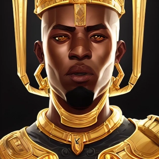 Close-up portrait of a Nubian king from ancient egypt walking into no mans land, metallic armor, white black gold, porcelain face, mechanical features, baroque rococo, cinematic lighting, golden ratio, league of legends, dynamic pose, detailed energetic crystal chain wearing armor, sigil metallic armor, cryptic writing, ritual, intricate gold, 3D ornate alter, pineal gland, highly detailed ornaments crystallized black gems, ambient oclusion, highkey photography, bokeh 8K beautiful, detailed scenery, metal diamond design gold photorealistic, insanely detailed and intricate, hypermaximalist, elegant, ornate, hyper realistic, super detailed, 8K --c 50 --v 4