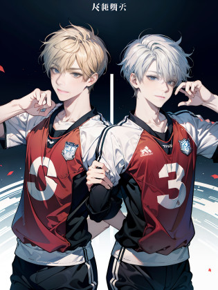 Blonde two-block young man and silver-haired two-block young man, twins, volleyball uniform, Haikyuu, Yu Miya, Miyaji, shoulder to shoulder, smiling, good friends, cheeks sticking, various poses, doujinshi cover, fixing arms