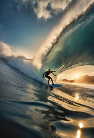 Best Quality, masuter piece, ?A high resolution, (Photorealistic:1.4), Raw photo, Professional Lighting, high-level image quality, high-detail, ?masterpiece?surfer?Big waves?Clear?Sunnyday