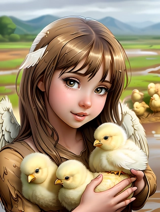 Cartoon ((A beautiful girl with large feathered wings)), holding, ((adorable baby chicks)), in ((muddy and soft terrain)) 2d , cute eyes, cute face,