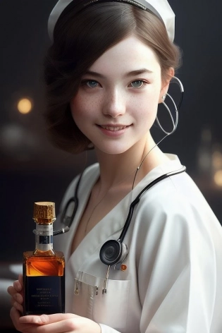 full shot body photo of the most beautiful artwork in the world featuring ww2 nurse holding a liquor bottle sitting on a desk nearby, smiling, freckles, white outfit, nostalgia, sexy, stethoscope, heart professional majestic oil painting by Ed Blinkey, Atey Ghailan, Studio Ghibli, by Jeremy Mann, Greg Manchess, Antonio Moro, trending on ArtStation, trending on CGSociety, Intricate, High Detail, Sharp focus, dramatic, photorealistic painting art by midjourney and greg rutkowski