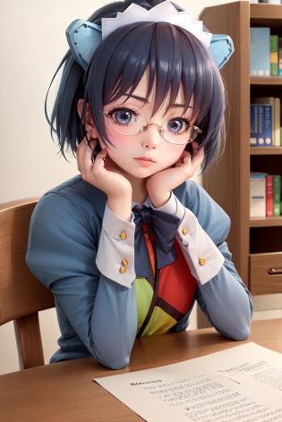 (masterpiece, best quality:1.2), <lyco:os-tan_2k-tan-10:1.0>, upper body, solo, 1girl, 2k-tan, expressionless, closed mouth, looking at viewer, hands on table, maid headdress, glasses, puffy sleeves, long sleeves, indoors, stacks of paper, books