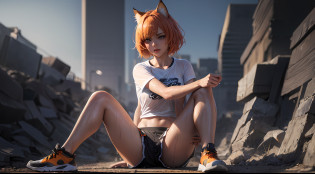 (((masterpiece))), model pose, portrait, one beautiful girl with bob cut pale skin, ((dynamic hair)), ((dynamic action pose)), wet hair, (short orange hair), (wet skin), (cat ear), (green eyes), (orange cat tail), ((wet)), ((Wet T-shirt)), (white T-shirt), rain, cloud, workout, sport, summer, ((hot)), (dirty feet), tired look, tiredness, dirt, dirty T-shirt, T-shirt shines through, (sport shorts), (sneakers), model shoot style, freckles, stocking, dynamic hair, perfect body, small breast, highly detailed, more details, cinematic atmosphere, fog, precise correct anatomy, epic scene, artstation, detailed skin, detailed face, detailed eyes, hyperdetailed, intricately detailed art, pose figure, intricate details,dynamic lighting, post-processing, global illumination, detailed and intricate environment, modelshoot style, 8K UHD, concept art, octane render
