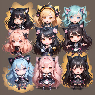 The character costumes are KPOP, 9 sets of anime character stickers with different expressions, KPOP collection style, anime KPOP art style, KPOP frontline style, KPOP art style, KPOP style, official artwork, chibi art, pixiv, BLACKPINK style, cute KPOP artwork various poses, Trending on Art Station pixiv --auto --s2