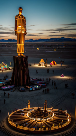 8k masterpiece, best quality:1.2), ultra high definition, photorealistic, tens of thousands of people gather in Nevada�s Black Rock Desert to create Black Rock City, a temporary metropolis dedicated to community, art, self-expression, and self-reliance. In this crucible of creativity, all are welcome, burning man festival, black rock desert, black rock mountains in the background, monolithic structures of (ingenious, futuristic art), (metal, wood, glass, fabric, art sculptures scattered over the huge festival area) (encompassing a central (90 feet tall wooden male effigy:1.4)) in cartwheel layout, art performers, bizarre art vehicles, (hedonistic:1.3) ambience, free spirit attitude, hippy vibe, intricate details of art installations, highly detailed art sculptures,