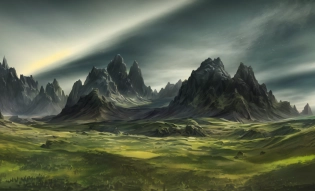 mountains in the distance with a grassy field in front of them, beautiful render of a landscape, 8 k landscape render, impressive fantasy landscape, epic dreamlike fantasy landscape, sci-fi of iceland landscape, stunning alien landscape, rendered in redshift, inspired by jessica rossier, highly detailed textured 8 k, highly detailed textured 8k, 4k highly detailed digital art