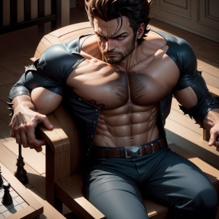 The image depicts Wolverine's iconic character, do universo dos quadrinhos da Marvel, envolvido em uma partida de xadrez. usando colar de bitcoin, Com suas garras de adamantium prontas para o combate, Wolverine is sitting in a chair, concentrated on the chessboard in front of you. His intense and focused look shows his determination to win the game. His posture is firm and confident, while he carefully analyzes the moving pieces, Planning your next strategic move. The surrounding environment is a sophisticated and elegant environment, with a luxurious wooden chess table and detailed chess pieces. The soft lighting highlights Wolverine's muscles and creates a dramatic atmosphere. 8k