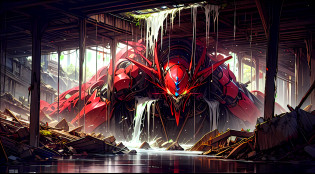 Crimson Titan Robot?Rock giant?Huge glowing crystal?Collapsed caves, Collapsed ruins, Blood, Flowing water