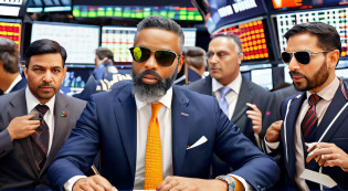 there is a blue alligator with beard and sunglasses wearing tie, inspired by Barkley Hendricks, album cover, album art, alternate album cover, album cover, promotional art, illustrative!, by Robert Lee Eskridge, high portrait, hip corporate, new album cover, album art cover, serious business, photographic illustration, by William Berra,  illustrative, cover illustration stock market chart background, trend in markets, trading, stock trading, markets, traders, hyper bullish --auto