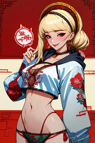 Masterpiece, absurdres, fine detail, HDR, (dudou, dudou_embroidery:1. 3), ([hoodie| dudou]::0. 5), Blonde Nadia with choker and sunglasses, (hoodie:1. 2), a woman posing for a picture, smiling , chinese style, black, navel cutout, <lora:DudouHoodies:0. 78> <lora:Nadia_anime:0. 5>