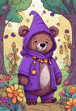 Crie uma menininha de cabelo castanho curto, A bear with a silly face and a mage with a number hat in purple within the context 