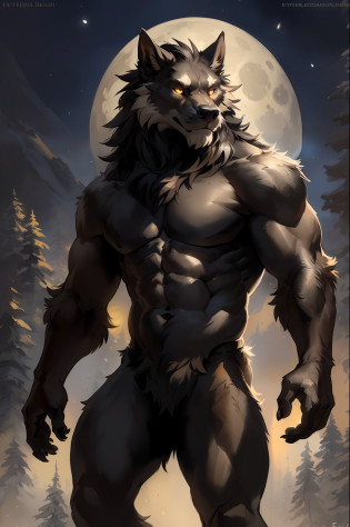 Werewolf male, full body covered in fluffy fur, no clothes, big muscular chest, volumetric abs, day, sensual, detailed, uploaded to e621, beautiful and detailed portrait of an anthropomorphic black werewolf (((male))) kenket, ross tran, ruan jia, uploaded to e621, zaush, foxovh, movie lighting, moon lights, glowing eyes, black fur, long dark mane of hair