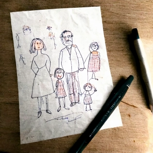 a child's drawing on a white piece of paper, depicting a family portrait with parents and siblings, all poorly drawn with exaggerated features, showcasing a child's perspective