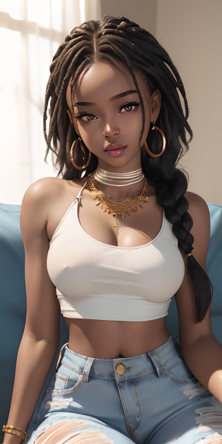 1 african teen, big lips, seated on couch, cleavage, most beautiful east africa, thick thighs, small snatched waist, looking at camera, very pretty, long braided hair, smooth skin, wearing white tight ripped jeans, belly showing, white crop top, smiling seductively at camera, natural indoor lighting, wearing jewelry, white chocker necklace, glitter lip shiny lip gloss, baby face, young beautiful african girl, thighs nicely spread, very pretty hazel eyes, 4k, most detailed texture, hd, 8k, beautiful lightskin african girl, light black skin, mixed skin colour, very pretty, divine beauty, baby face pretty teen, model face, beautiful model face, high detailed clothes texture, well defined eyes, model body