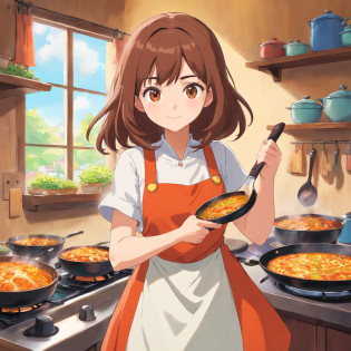 Flat anime style shading, anime woman, Anime-style characters, flat anime style,house wife?Have a frying pan, Brown hair, pinafore, Powerful Pose?kitchin, Powerful anime girl,illustratio?