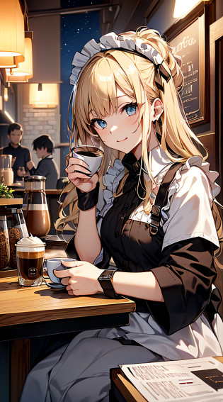 top-quality?Top image quality??masterpiece?girl with((18year old?Maid clothes with open chest?Best Bust?Bust 85?a blond?Longhaire?Blue eyes?open chest wide?Valley?Happiness?Black wristband on wrist?A slender??Nipple Ring?The wind blows,holding coffee cup?close to viewer?Face-to-face with your audience?Take a seat)?hiquality?visualart?Background with((Night Coffee Shop?Counter seats?Coffee maker))?The table(menu?Coffee Cups Coffee Cups?Sugar Bottle?Milk),masutepiece?