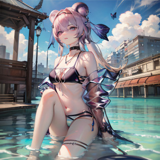 (NSTDA.:1.2), (10, beste-Qualit, master-piece: 1.4), ultra-high resolution, (lifelike, photorealistic portrait: 1.48), 20 age, Cute Girl, (See through the microcolor bikini beetle:1.48), Famous Japanese actors, (hair over one eye:1.3), Blue Eyes, Head tilt, cowboy shot, from the side, looking at the audience, expressionless, Beautiful lake, Zeiss 150mm F/ 2.8 Hasselblad,  Whole body, foot, Ultra-Wide Angle