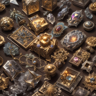 Byzantine style??Full Focus?,Antiques in display cases?Jewelry in display case?Crystal gemstones in display case,Gold and silver products,Magic symbols?Magic light particle effect?High-tech luxury? High-value jewelry,?High-value metals?luxury goods?Puzzles are prohibited, Detailed and complex background, glittery, reflective light, hyper HD, Award-Awarded, A high resolution, High detail, Chiaroscuro, Cinematic lighting, Masterpiece, Ray traching?structurally correct, Super detail, High quality, High details, Best quality, 16k