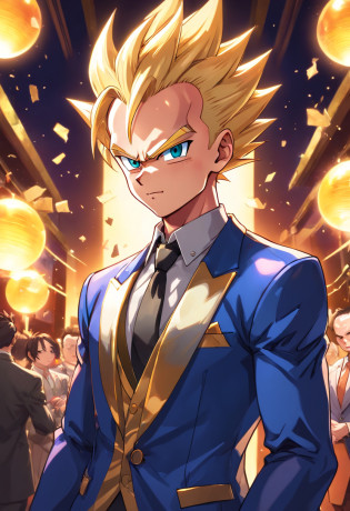 (best quality,highres),(realistic:1.37),vegeta wearing a suit,vegeta wearing sunglasses,vegeta in dragon ball universe,vegeta in formal attire,vegeta in a party hall,vegeta attending a party,wearing a black suit,carrying a serious expression,confident body language,sharp facial features,detailed hair,blue aura surrounding vegeta,dragon ball fanart,anime style,party scene,glamorous lighting,golden chandeliers,colorful decorations,fine details on the suit,crisp textures,attention to shading and highlights,vivid colors,energetic and dynamic pose,expressive eyes,stylized background,dynamism in the composition