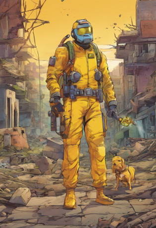 Man in yellow lead suit holding a Geiger counter with a pet robot by his side in a destroyed city, por do sol alaranjado, soldados no fundo patrulhando o local