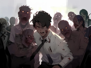 zombie man in a white shirt and tie surrounded by zombies, kawacy, desolate with zombies, horde of zombies, yandere, zombie horde, zombie's, epic anime style, by Shingei, gapmoe yandere, zombies, dead bodies in the background, undead soldiers in background, official art, zombies attack, anime wallaper, inspired by Shingei