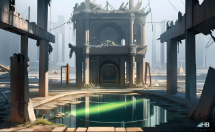 Make illustrated posters?illustartion?There is a circular lake in the middle of the lost ruins?There is an ancient gate in the middle of the lake?Water reflects ancient doors?Circular islands of technological buildings?Dilapidated buildings?Wasteland?Contrast between cold and warm?outside?Tyndall Light?fumes?colorfull?High saturation?Contour light?Warm and bright?colorfull?HD 8K?Colored light particles?Heterochromatic?Overlooking??Colors? 1.5) , --v6
