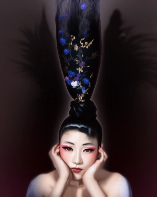arafed woman with a black headpiece and a black dress, eiko ishioka, jingna zhang, inspired by Xie Huan, by Tadashi Nakayama, steven meisel, inspired by Otake Chikuha, chie yoshii, steven meisel photography, geisha hairstyle, araki nobuyoshi, nobuyoshi araki, photography of albert watson