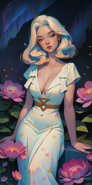 a goddess, A glorious sunrise, aura, glow, multi-colored bright aurora borealis, Spectrum Rainbow,Colored Angel Wings, feathers, In a chic, lavender white mint hair,  pastel, mixed-language_SMS, (beautiful and clear background:1.2),, fantastic paintings , olhos altamente detalhados, crystals,   outer space, galaxy, Gorgeous hair, Background Flora Peony, poppy, hydrangea, Plants. Loving. Love. ultra detailed hair, Best Quality, hig quality, highly resolution, detail enhancement, ((most beautiful image in the world)), Masterpiece, Best Quality, High Quality Detail Enhancement, ((most beautiful image ), Shiny hair, ultra chic polka dot dress, Print, Stampa Flores, art by stjepan sejic, art by j scott campbell, art by guillem march, art by citemer liu, 4k, highly resolution, comic book character, comic, high quality detailed,   style of ::2.0 comix illustration style,tatoon style, hig quality, highly resolution, detail enhancement, 8K, HD, Best Quality, hig quality, highly resolution, detail enhancement, 8K, HDR, Sharp focus, Ultra Detailed, perfect illumination, Curvy Body, Lush breasts, Curvy hips, Sits, sparks, Stars, The Cycle of the Stars
