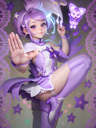Cartoon male character closeup, !!Full body portrait!!, holding a pudica pose, Boy with short purple hair, White and purple costume, high quality fan art, Magical Boy Style, Purple Boots Marine Kitagawa Fan Art, mlp fanart, Portrait of a magical boy, the pose(Arms up + Happy), cutecore clowncore, Magical Boy, Wallpaper!