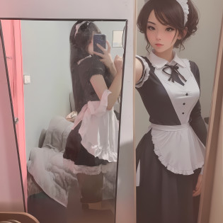 there is a woman taking a picture of herself in the mirror, cosplay of a catboy! maid! dress, Maid outfit, wearing maid uniform, Maid dress, japanese maid cafe, french maid, maid costume, anime girl in a maid costume, harry potter in a maid�s uniform, gorgeous maid, maid, Mirror selfie, very very low quality picture, dirty mirror
