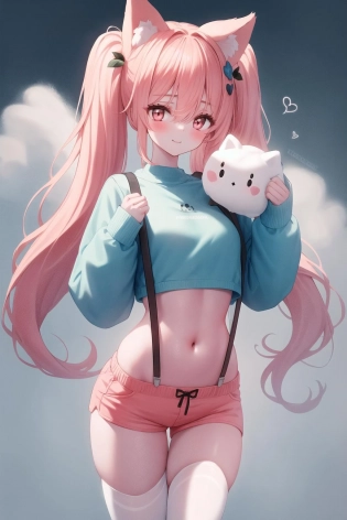 <lora:tando-style_v5. 3:1>1girl, solo, long hair, looking at viewer, blush, bangs, shirt, hair ornament, red eyes, thighhighs, long sleeves, ribbon, bow, navel, animal ears, hair between eyes, twintails, very long hair, underwear, closed mouth, pink hair, flower, hoge, parted lips, puffy sleeves, white thighhighs, animal ear fluff, sleeves past wrists, hands up, hair intakes, blue shirt, puffy long sleeves, oversized clothes, sweater, shorts, hearts, pet, animal on shoulder, loose clothes, cloud pet, toy, marshmallow background, smile, birds, suspenders, pink shorts, shirt logo, masterpiece, best quality, highly detailed