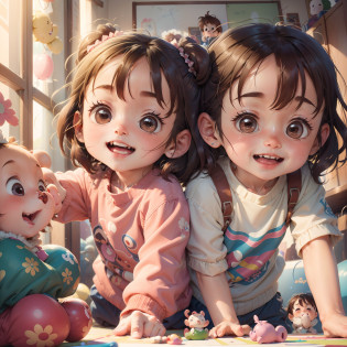 ?In front of two sisters playing well?Cute toys are gathered?Toys?I was having fun drawing.?I'm drawing portraits of Sakura-chan and Aoi-chan?One toy holds colorful crayons?The other toy uses a brush to draw fine details.?In the background?The whole room is bright and fun.?You can feel the tender feelings of the toys?Sakura-chan and Aoi-chan?Delighted with the gifts of toys?The joy and excitement of the moment you receive that special gift is evident on your face.??