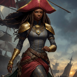 (highly detailed RAW color photo, absurd resolution, high resolution, ultra detailed), ((r 9 6 angle)), 1 black woman, fearless and courageous expression, mature, skinny shoulders, very skinny body, long dreads, black captit pirate hat, white dreads, light green eyes, (detailed eyes and detailed face), extremely detailed 8k photo, looking at the viewer, solo, alone, (full body: 0.9), outside of a ship, external ship background, detailed face, (medieval fantasy theme: 1.3), warrior, ship captain, silver pirate-themed robe, silver armor with highly intricate silver details, blue pants, ship in the background, inside the ship, ship's deck, inspired by Dungeons and Dragons, digital artwork, ultra realistic