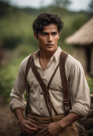 A new outsider has arrived in a small village surrounded by forests, Everyone in the village staring at the new inhabitants. He would not be a good resident of such a quiet and quiet village. Because he is so beautiful?Grabs everyone's attention. Dressed like a good farmer, His clothes are tight to his body, Grab everyone's attention wherever he goes., Blonde hair, Curly hair, White eyes, lightsmile, Naughty face, Determined, Wide Shot, canon, plein air, 8K, masutepiece, Super Detail, high details, Best Quality