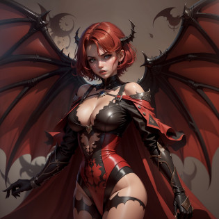 1 menina, succubus, castlevania, (((cabelo curto))), (((short hair)))), cabelo vermelho, ruiva, asas de morcego, asas grandes, big bat wings castlevania, 30 anos, espartilho preto, look of malice, olhar SENSUAL, corpo exposto, mostrando corpo, dinamic angle, decote bonito, bem decotado