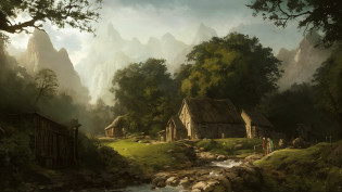 painting of a mountain village with a stream running through it, village in the woods, illustration matte painting, hidden village in the forest, beautiful oil matte painting, game art matte painting, fantasy matte painting, beautiful matte painting, by Raphael Lacoste, realistic fantasy painting, matte fantasy painting, matte painting scenery, matte-painting, realistic matte painting