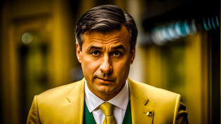 A closeup of a man in a YELLOW AND GREEN suit and tie, he has a devastated expression, stern look, stern face, Andrzej Marszalek, Gerard Kravchuk, stern expression, he has dark gray hair, a handsome, with a sad expression,