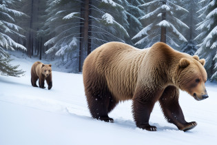 Close up of a female grizzly bear with cubs, slowly walking on s snowy montain, in middle of a forest, trees and bushes with snow, low point of view, great angular, highly detailed. Photorealistic.