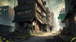 (Ultra detailed), (masterpiece), (best quality), (very detailed CG unit 8k wallpaper), a man in a gas mask hazmat suit holding an assault rifle exploring abandoned city, following the road, polluted, abandoned, (green sky), dawn, concept art, (small growths of tiny bright fungi, roots, spores, polluted air), (greenish sky), dark, post-apocalypse, cinematic, highly detailed,  stylized wallpaper