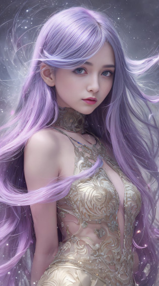 Background: Mysterious quantum environment, Cosmic elements and ethereal atmosphere?A mix of bright lights and colorful nebulae. Theme: A mysterious girl with a magical aura. She has long, Colorful wavy curls, The shiny hair stands out. His eyes are deep and expressive, Reflection Universe. She wore a flowing dress in purple and blue, With intricate details and mysterious textures. Color Palette: A combination of mysterious shades such as cosmic purple, Sky blue, Soft pink and a touch of gold. Create contrasts, Increase depth, Dark color, Such as dark purple or night blue. Aesthetics: The aesthetic combines elements of Mistycore, Known for its mysterious and ethereal atmosphere, and crystal cores, With its crystal clarity and sparkling details. The girl exudes magical energy?Her presence hangs over her?mesmerising. Covered with: Keep subtle glowing effects and glitter overlays around the girl, Covered with: Add a soft glow effect around the girl and crystal, It seems to exude magic. Also, Add small details of flash?Enhance the ethereal atmosphere.