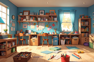 A garage converted into a creative and safe space designed for children to explore their imagination and develop practical skills through DIY projects. This workshop is a place where children can learn to build, create, and repair things using age-appropriate tools. Upon entering you can see a cheerful and organized atmosphere. The walls are painted in vibrant colors, and there are shelves and cabinets filled with materials and tools suitable for children. Workstations are distributed throughout the workshop, each equipped with DIY tools tailored to the children's abilities and abilities. In one corner of the workshop, there is a work table with basic tools such as hammers, screwdrivers, pliers and small tape measures. This is where children can learn to build simple structures, such as birdhouses, photo frames, or small shelves. Materials such as wood, nails, glue and safe paint are provided for children to unleash their creativity. In another area of the workshop, there is an art station where children can work on more creative projects. There are tables covered with paper for drawing and painting, as well as shelves filled with paints, brushes, crayons, secure scissors and colored paper. Here, children can explore different artistic techniques and create their own masterpieces.
In addition, there is an area dedicated to basic electronics projects, where children can learn about simple circuits and how to make lights or small devices work. Electronics kits designed specifically for children are provided, with safe and easy-to-assemble components. The garage also features a storage area for ongoing projects and larger tools. Shelves and drawers are labeled and organized for easy access and order.