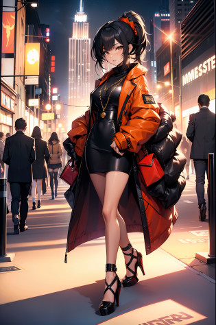 masterpiece,(bestquality),highlydetailed,ultra-detailed, modern, in a trendy street, vibrant colors, stylish, chic, high-fashion, (fashion week:1.5), (runway:1.2), (cityscape), (skyscrapers), (fashionable crowd), (luxury brands), (bold:0.8), (edgy:0.6), (streetstyle:1.2), (fashion influencers), (designer outfit), (high heels), (statement accessories), (minimalist:0.5), (monochrome:0.7), (street art:0.8), (urban fashion)), (timeless elegance), (glamorous:1.2), (red carpet:1.5), (celebrity fashion), (empire state building:1.2), (iconic landmarks), (fashion district), (nightlife), (uptown chic), (downtown cool),1girl,bishoujo,ojousama, black hair, (ponytail : 1.2), long hair, (orange accessory : 0.7), amber eyes, (beautiful girl), bangs, princess hairstyle