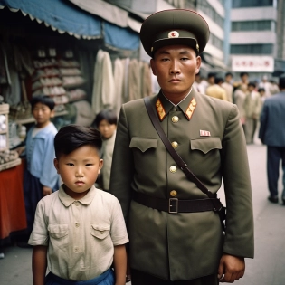 A 5 year old Kim Jong-un with a northkorean scout uniform and a dirty face from playing with friends, next to him his proud father Kim Jong-il , in the background some of his friends also in uniforms in front of a typical north korean residential street. The scene is captured with a 200mm medium format lens, emulating the artistic style of Elizabeth Messina --v 5. 1 --s 750
