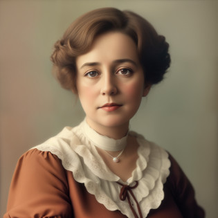There is a middle-aged woman with a brown dress and a white collar, colorido 1 9 0 4 foto, autochrome pearl portrait, Foto de uma mulher, uma foto colorida, inspired by Anna F�ssli, Retrato de Lumastina Celerraria, Leonora Karrington, Maria Panfilova, colorido, imagem retrato, Directed by: Anna F�ssli