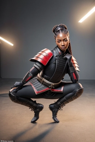 a (beautiful:1. 2) black woman in a (samurai armor:1. 18) techwear, ultra-realistic, highly detailed, studio lighting