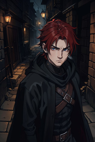 closeup of a young man with red hair emo he is a rogue and is in a black robe dark rogue clothes dark medieval costume dark in the dirty alleys of an alley of a medieval city an alley any of the dark periphery with dark and gray colors he has a wise and snobbish look make a very magical and surprising image background use shadows contour light and black smoke to compose the photo he's in a dramatic pose for a medieval rpg art rpg art rpg character illustration art