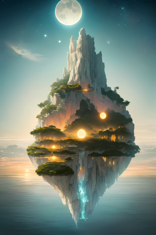 many plants around the island of flat relief floating in the sky, horizontal view of the island floating in the sky, ((((night))), (((landscape))), vibrant colors, volumetric lighting, ((two moons in the background)), high detail, 8k, hdr, uhd, professional design, island with golden palace in the center of it and white houses around, island floating in the sky, two moons together in the background of the island,  Island with flat relief, floating plain, waterfalls on the edge of the floating island in the sky, sunset, many clouds